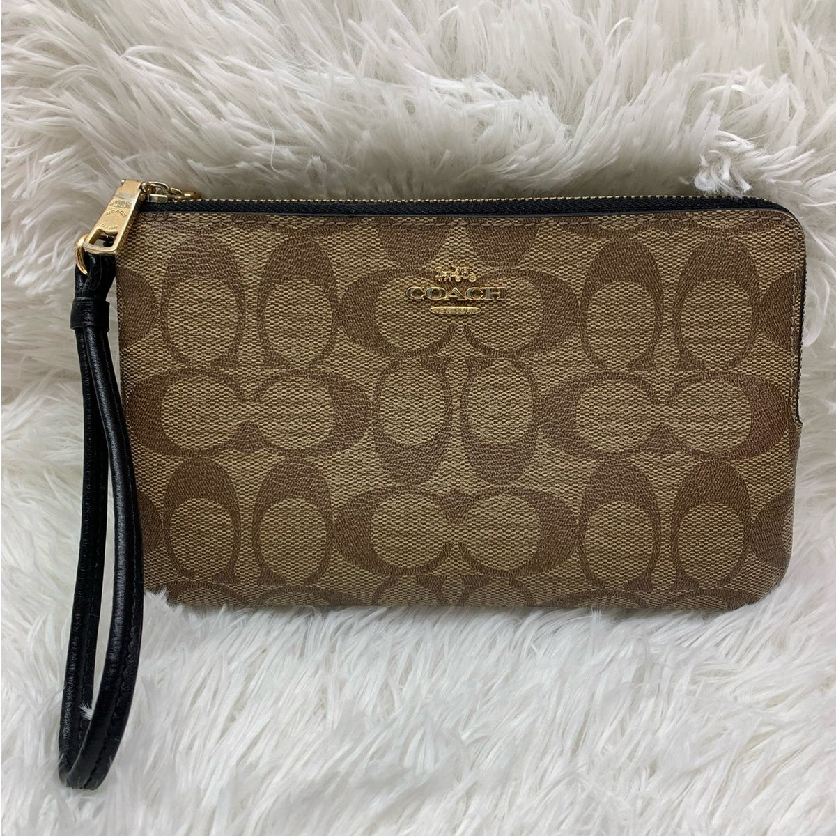 COACH Black Brown Double Large Zipper Wristlet