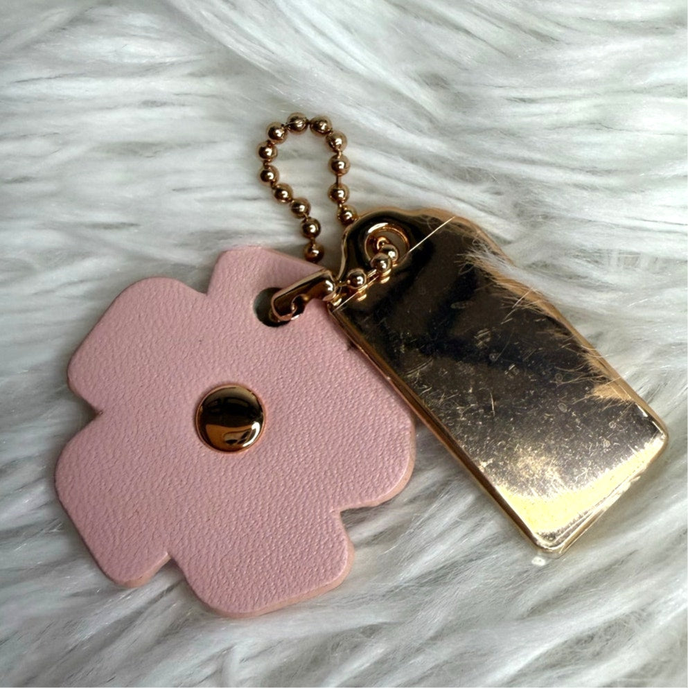 1" COACH Gold Tea Rose Pink Flower Floral Bag Charm Hang Tag Hangtag