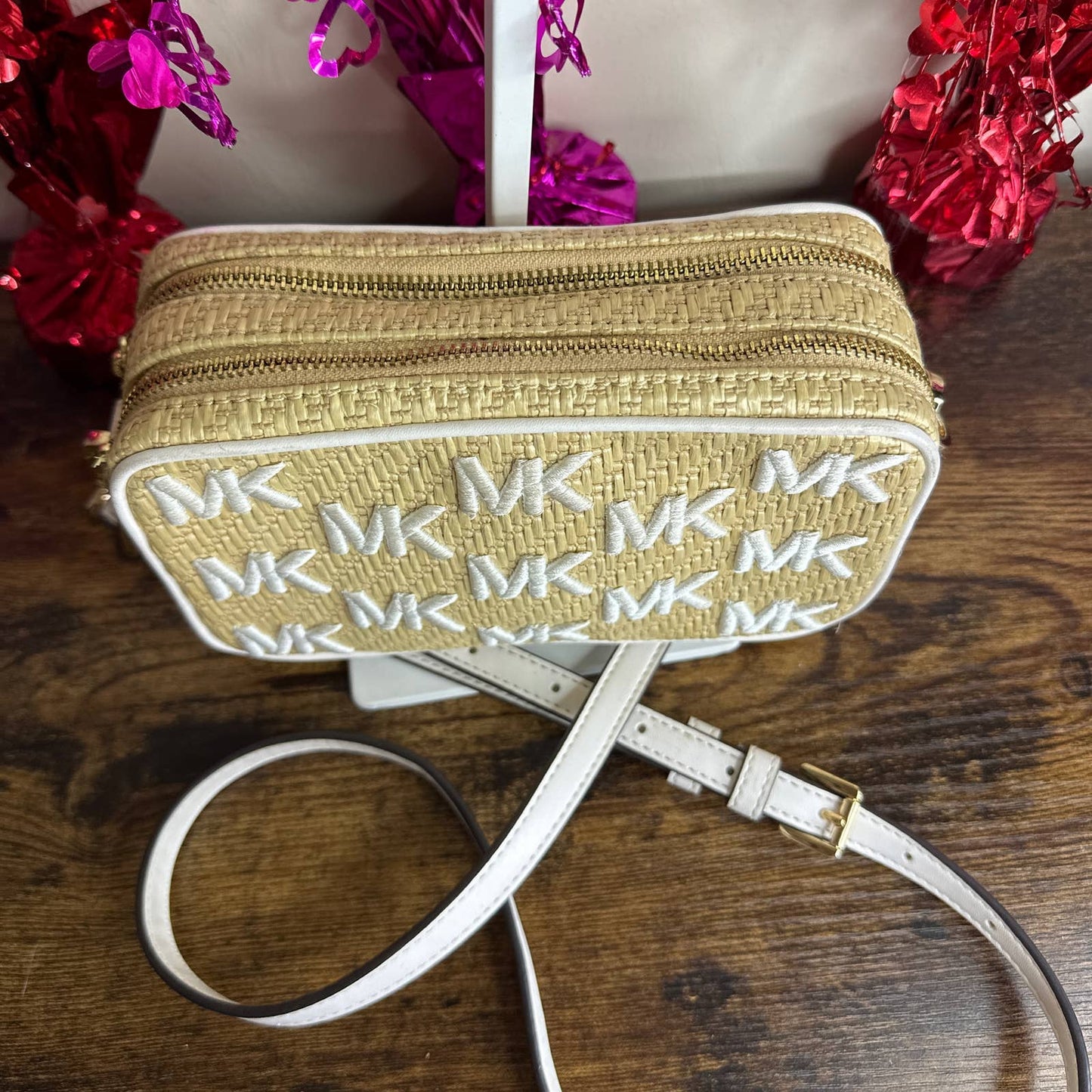 MICHAEL KORS Kenly Double Zip Natural Straw Small Camera Crossbody