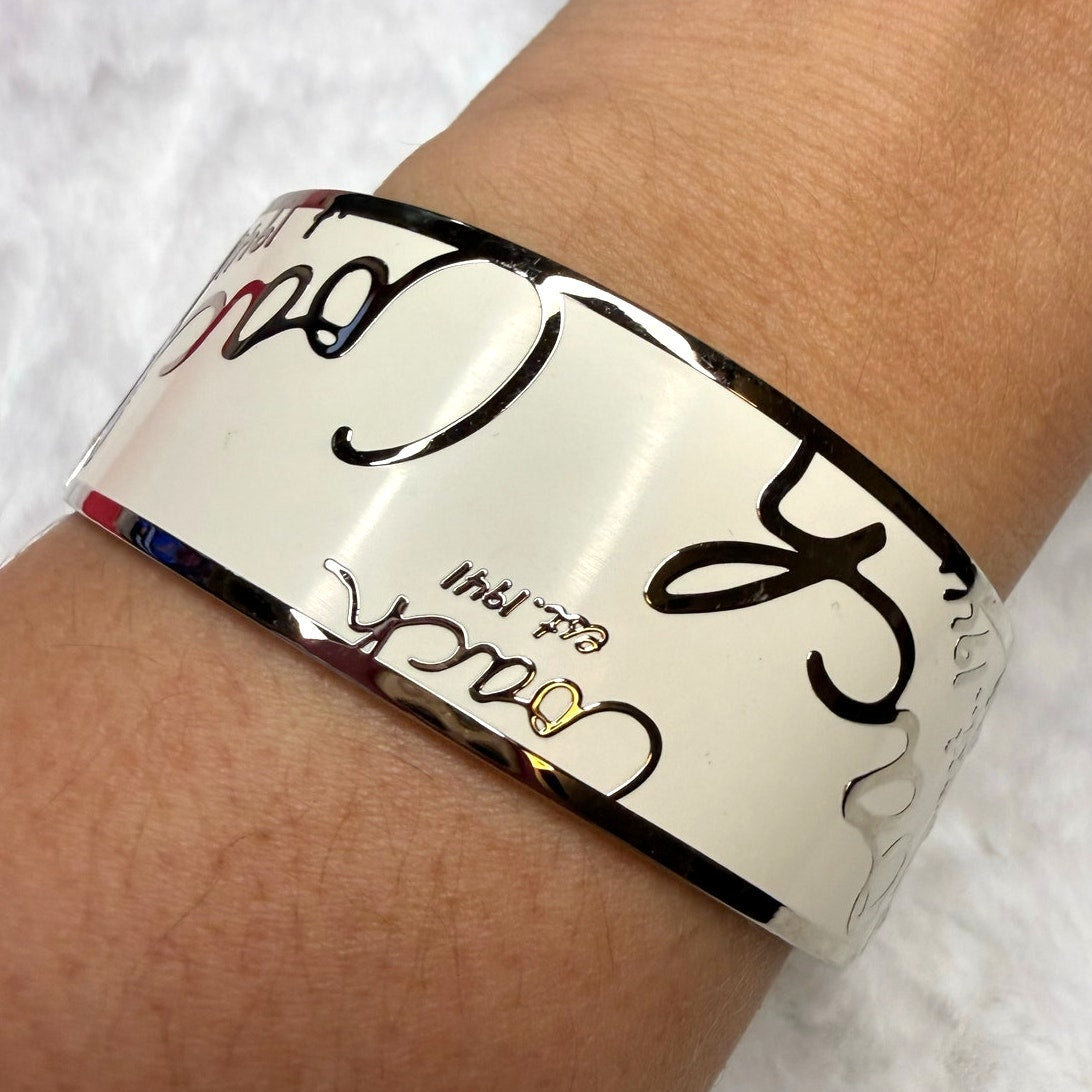 Coach Ivory Silver Cursive Logo Enamel Metal Studded Bangle Bracelet