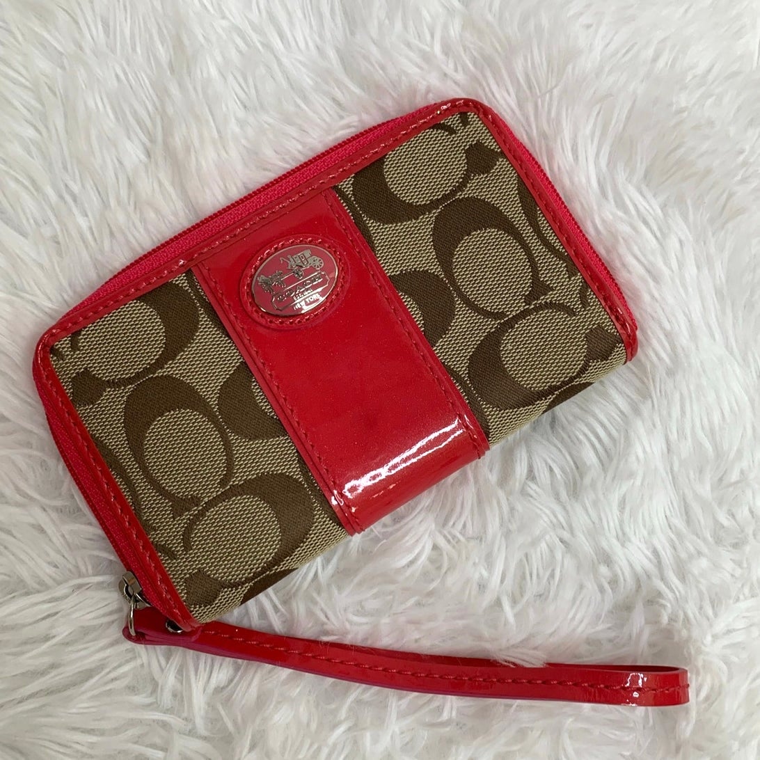 Coach Red Khaki Patent Leather Canvas Wallet