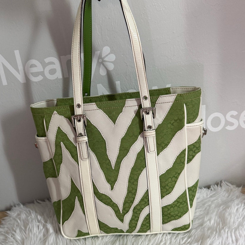 y2k Coach Vintage 2006 Green Zebra Strips Print Tote