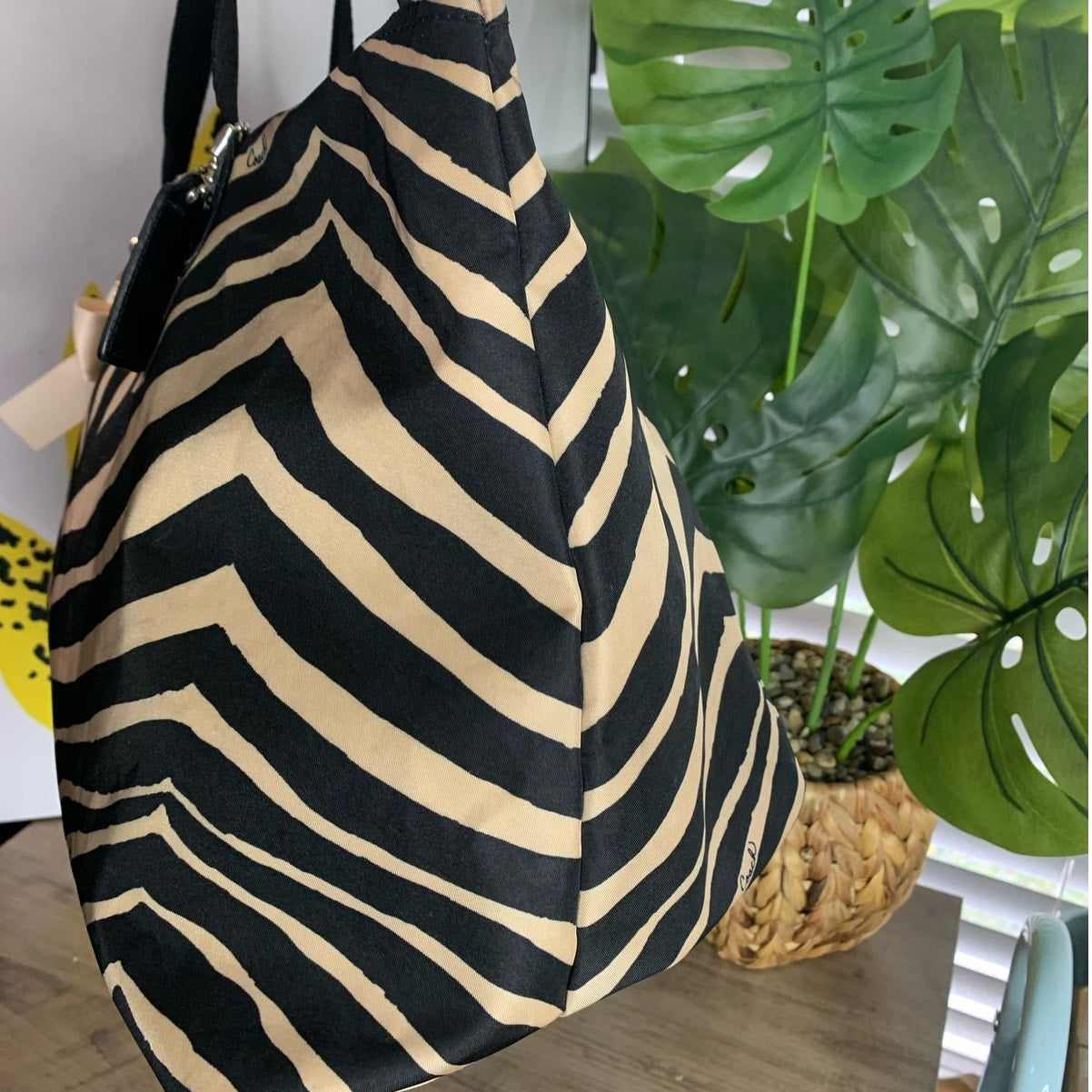 Coach y2k Devin Black Tan Zebra Print Nylon Overnight Tote Pouch