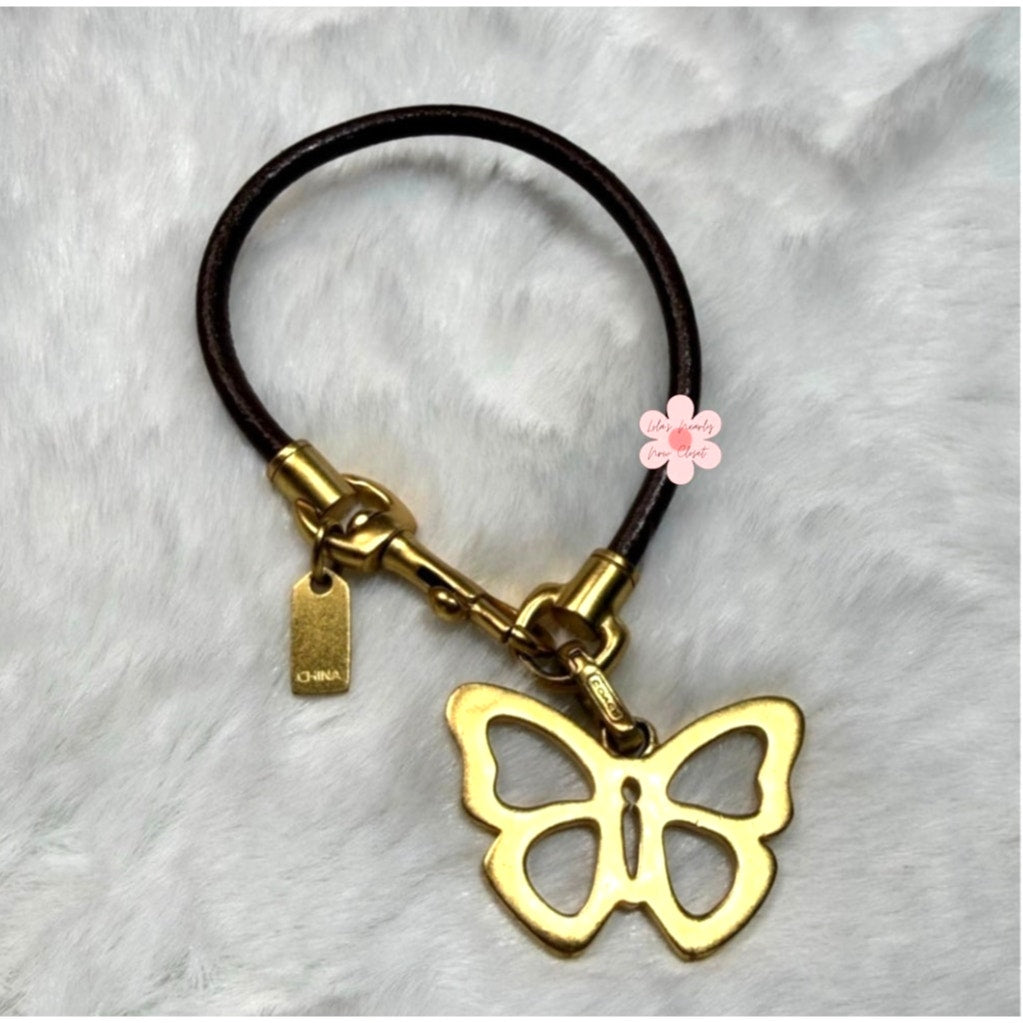 y2k COACH Vintage Brown Leather Gold Tone Hook Clip with Butterfly Bracelet