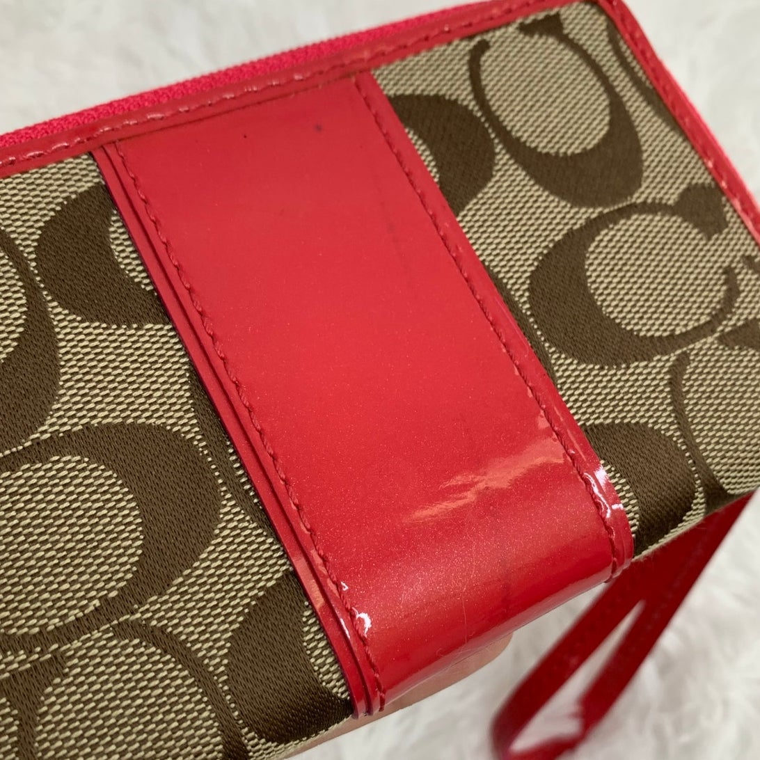 Coach Red Khaki Patent Leather Canvas Wallet