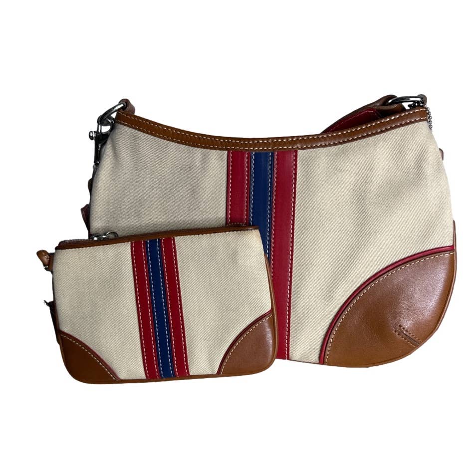Vintage COACH Classic Stripe Denim Hobo Shoulder Bag with Matching Wristlet
