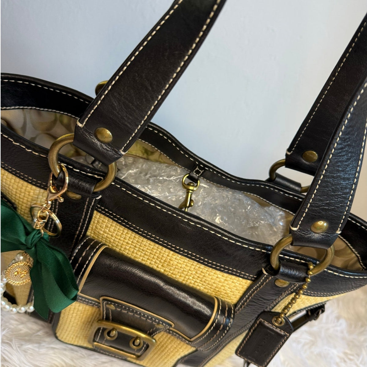 Vintage COACH y2k Black Natural Legacy Straw Tote Bag