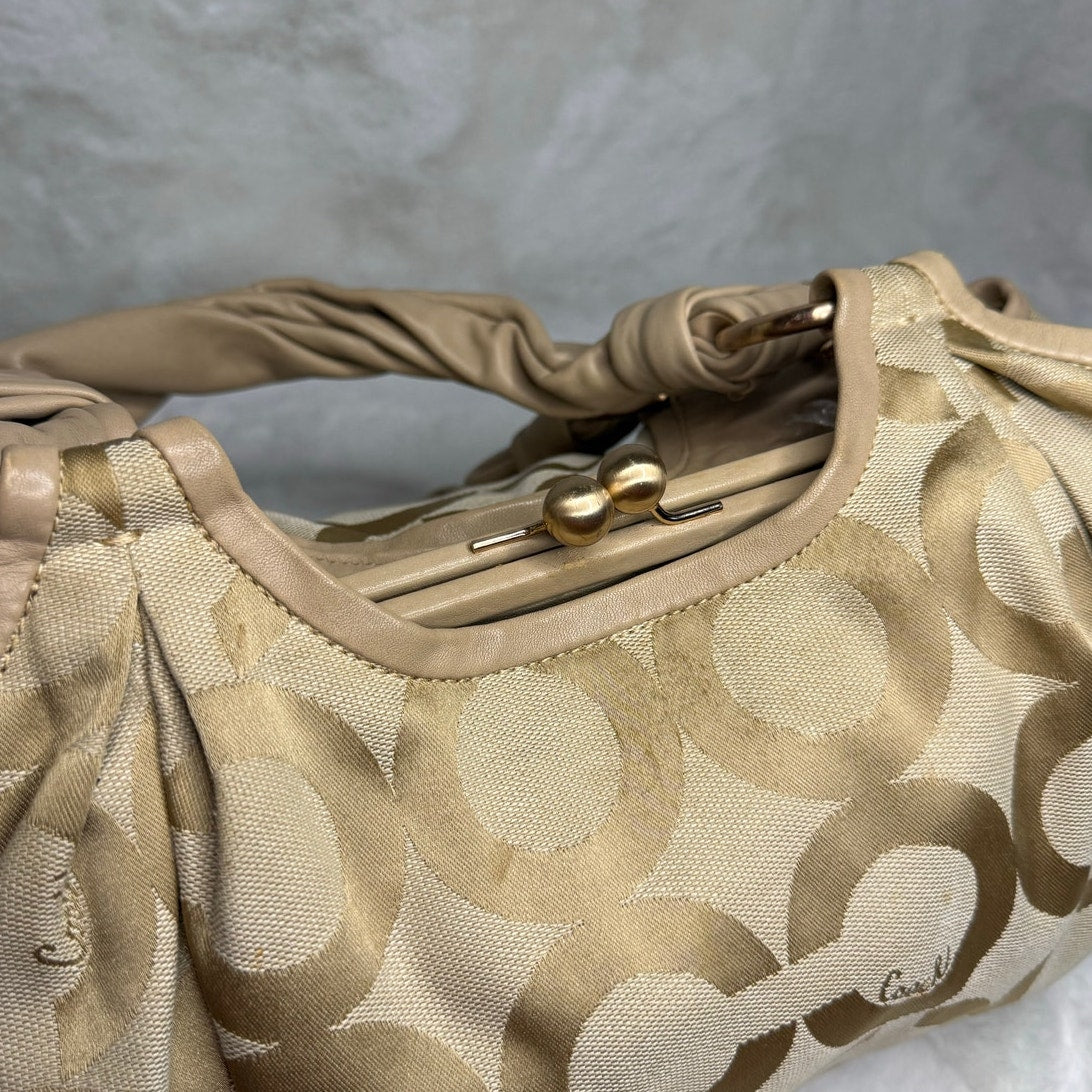 COACH Parker Hobo Handbag Kisslock Leather Canvas Bag Purse Shoulder Bag