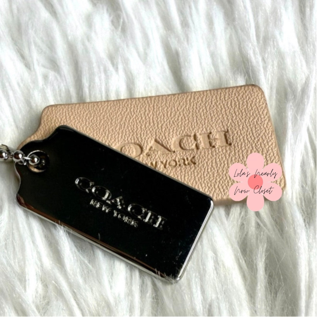 1.5" COACH Cream Silver Hang Tag Key Fob Bag Charm Set