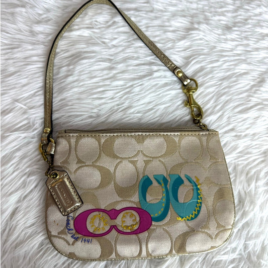 COACH Gold Blue Pink Canvas Wristlet