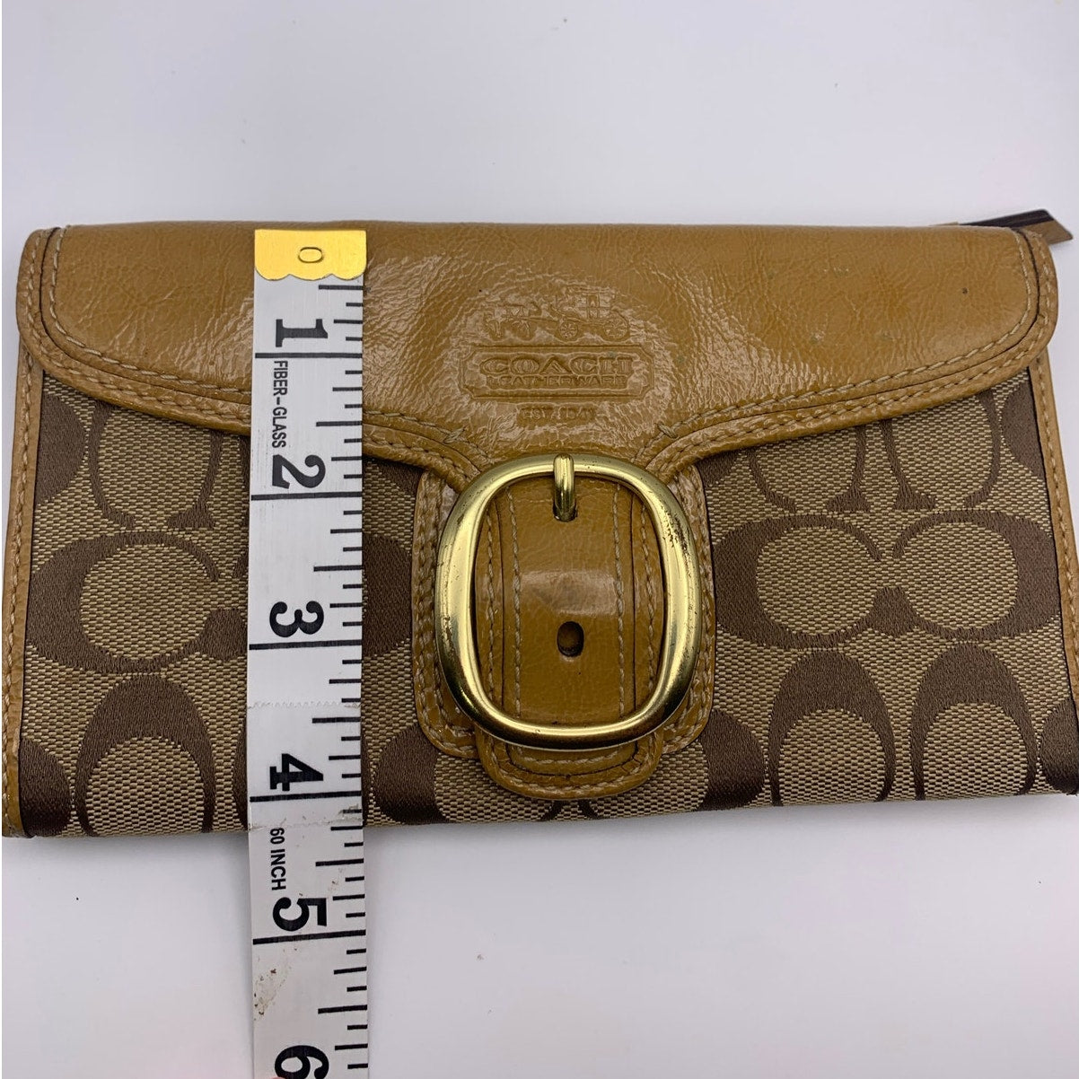 COACH Brown and Tan Signature Canvas Patent Leather Wallet