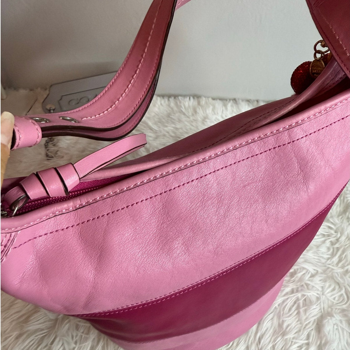 COACH Rugby Stripe Pink Leather Duffle Crossbody Shoulder Bag F13357