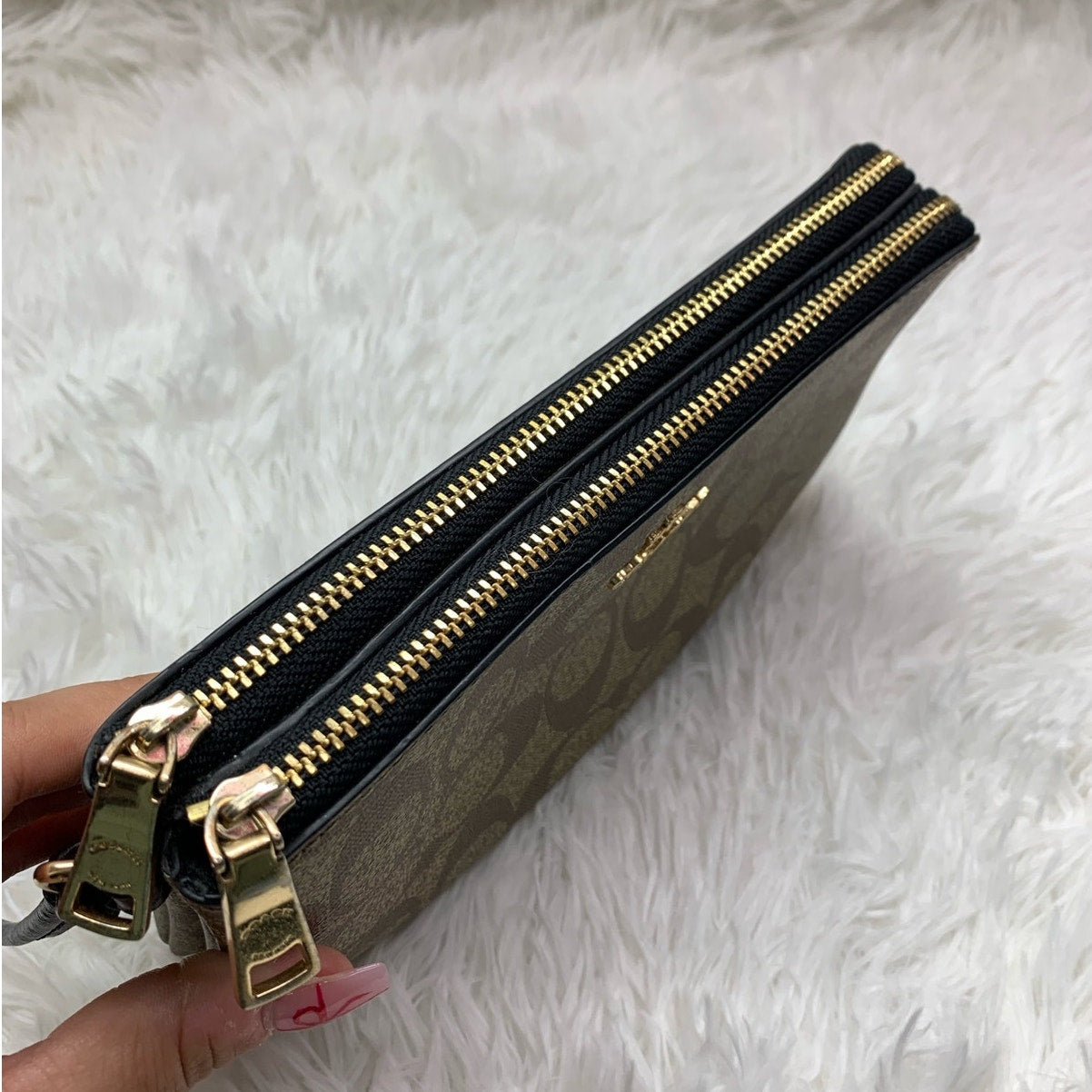 COACH Black Brown Double Large Zipper Wristlet