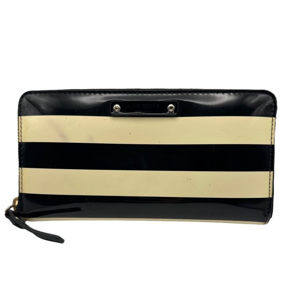 Kate Spade New York Stripe Black and Cream Zip Around Wallet