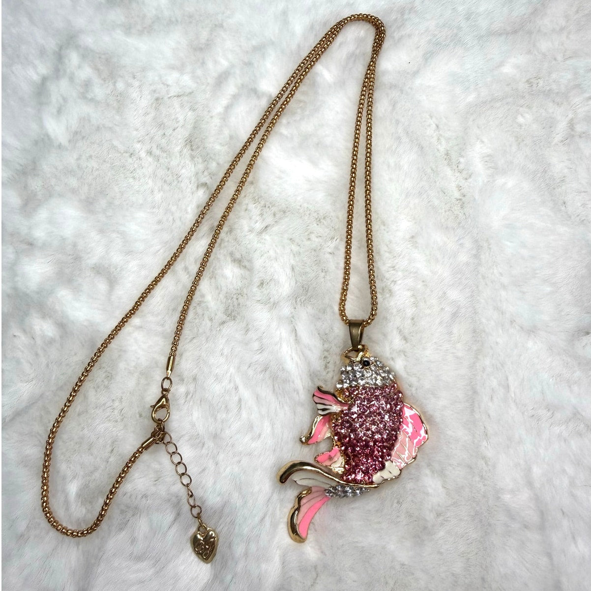 BETSEY JOHNSON Pink Rhinestone Lovely Carp Fish Pendant Chain Necklace