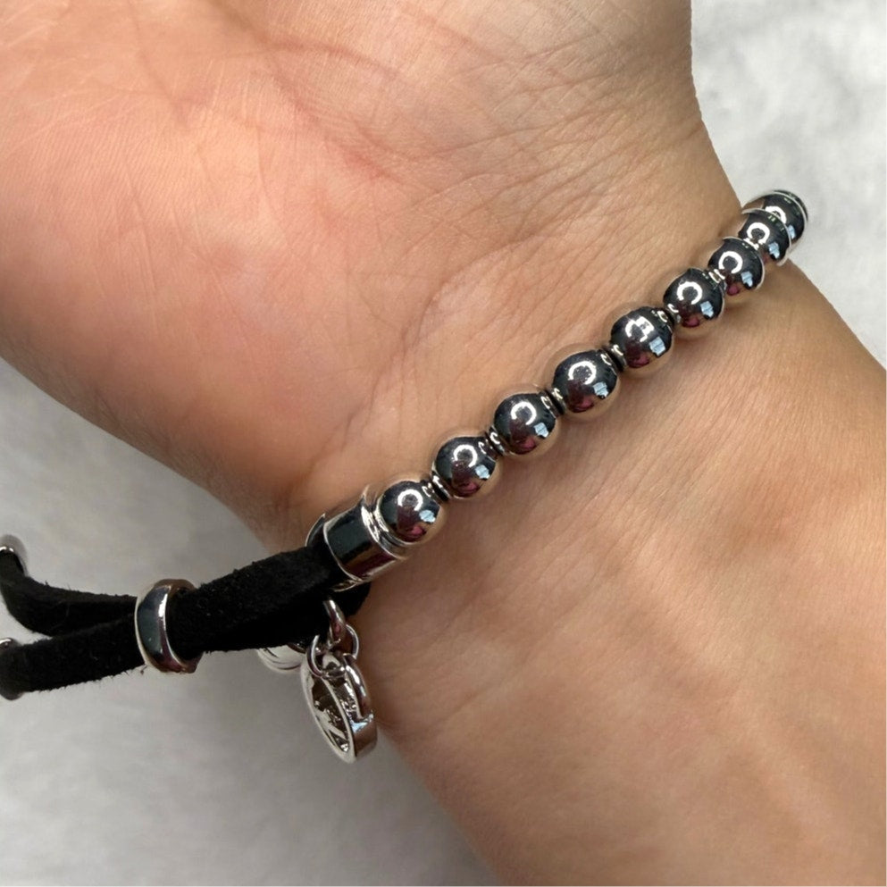 Michael Kors Silver Black Beaded Tag Bracelet