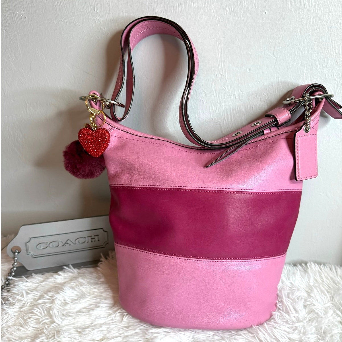 COACH Rugby Stripe Pink Leather Duffle Crossbody Shoulder Bag F13357