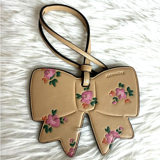 Coach Bow Floral Printed Tan Leather Bag Charm Fob