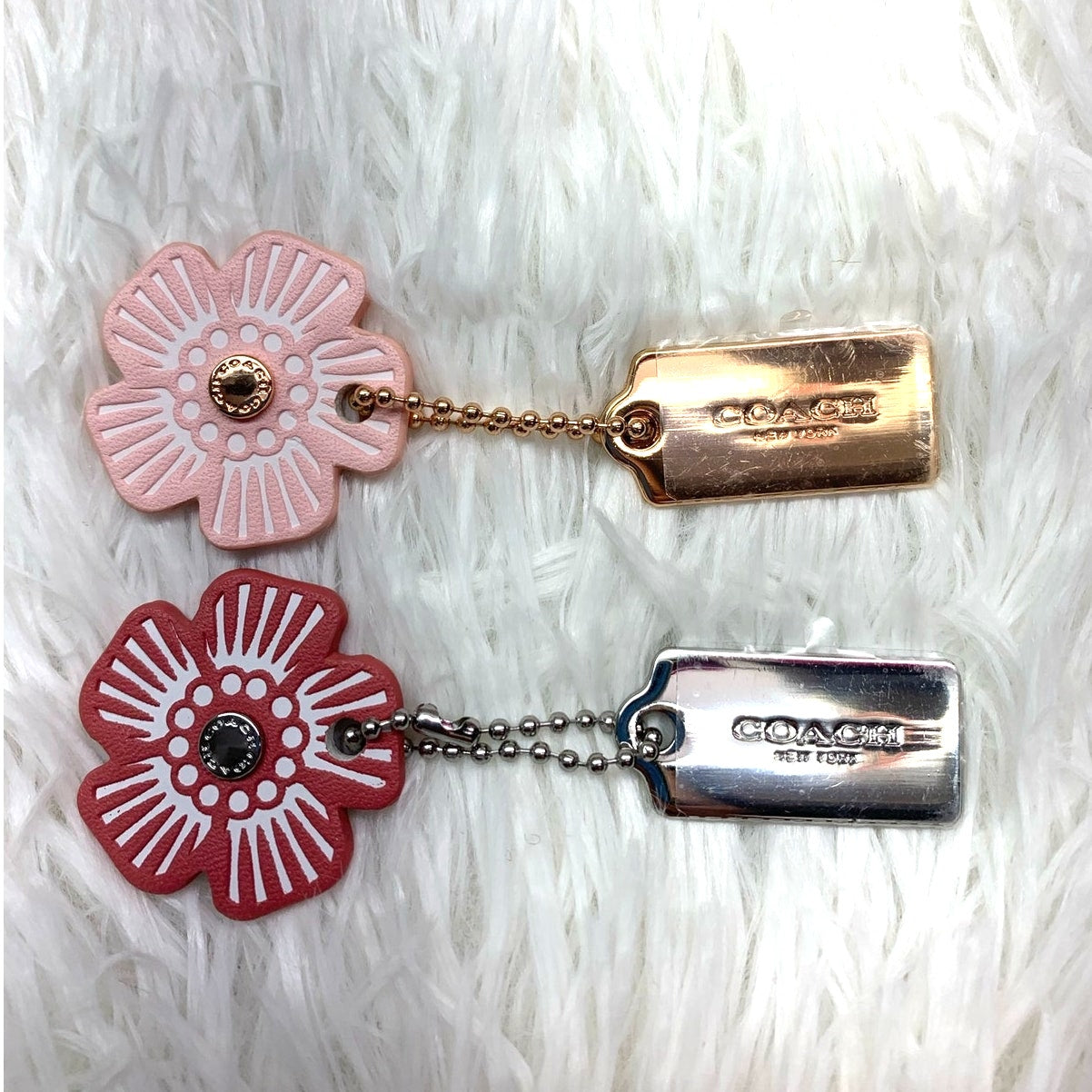 COACH Gold and Silver Tea Rose Flower Floral Bag Charm Hang Tag Bundle