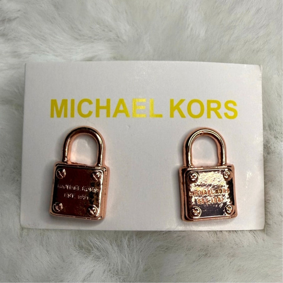 MICHAEL KORS Est 1981 Rose Gold-Tone Logo Padlock Stud Earrings