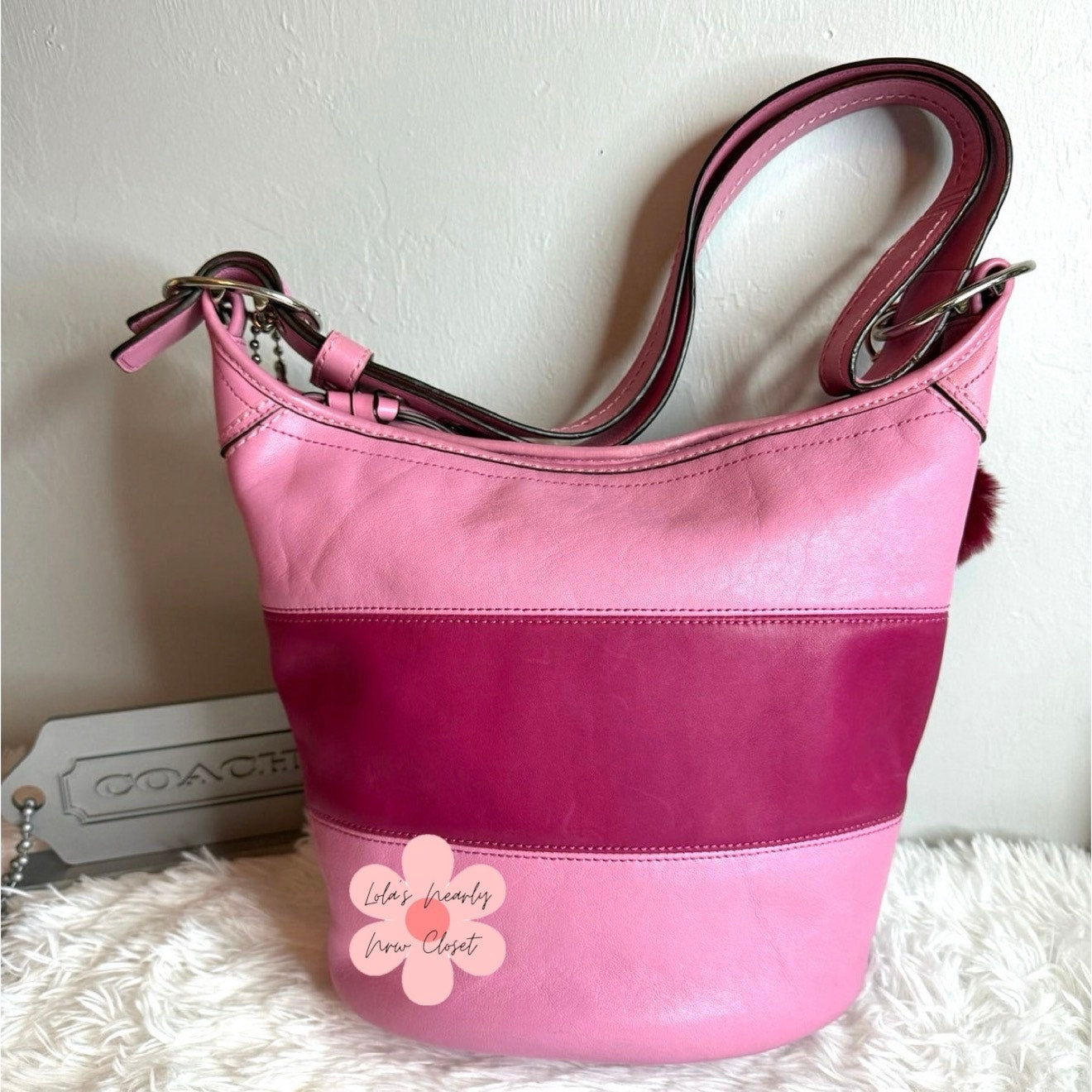 COACH Rugby Stripe Pink Leather Duffle Crossbody Shoulder Bag F13357