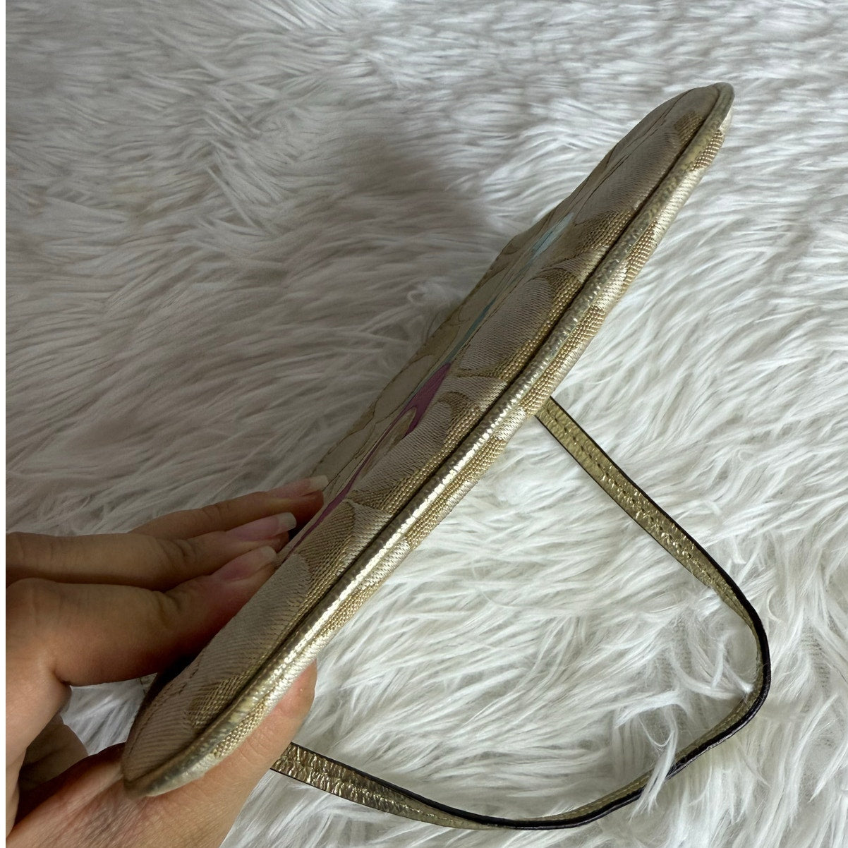 COACH Gold Blue Pink Canvas Wristlet