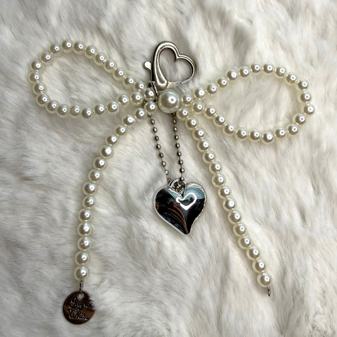 White Bowknot Heart Sweet Charm Pearl Bow Bag Charm Fashion Charm
