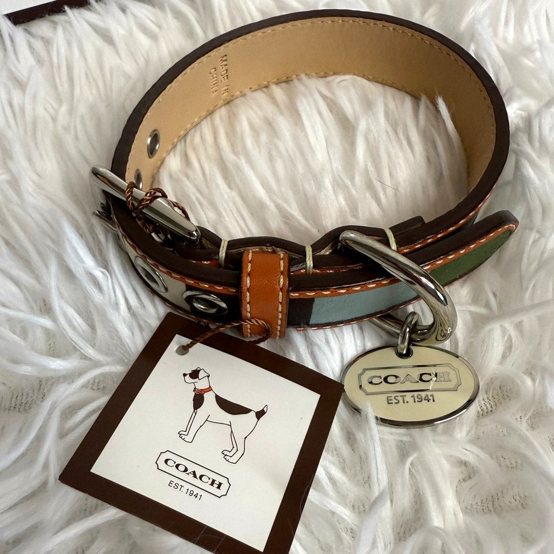 NWB COACH Legacy Stripe Leather Dog Collar XS w COACH Charm Limited Ed Rare