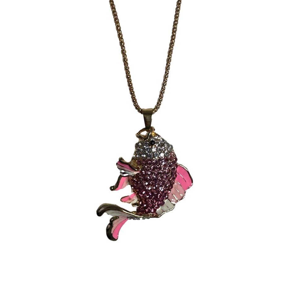 BETSEY JOHNSON Pink Rhinestone Lovely Carp Fish Pendant Chain Necklace