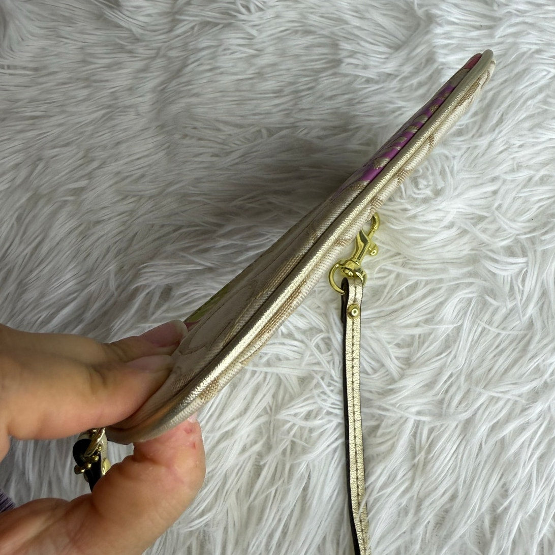 COACH Tan Gold Floral Signature Canvas Wristlet