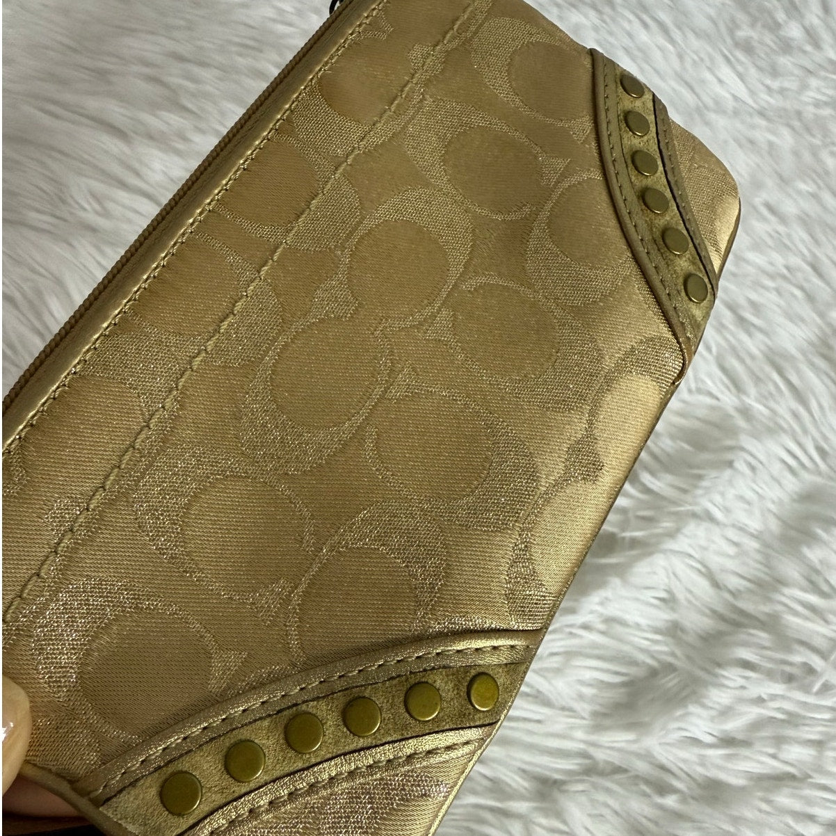 y2k COACH Tan Signature Canvas Suede Stud Wristlet