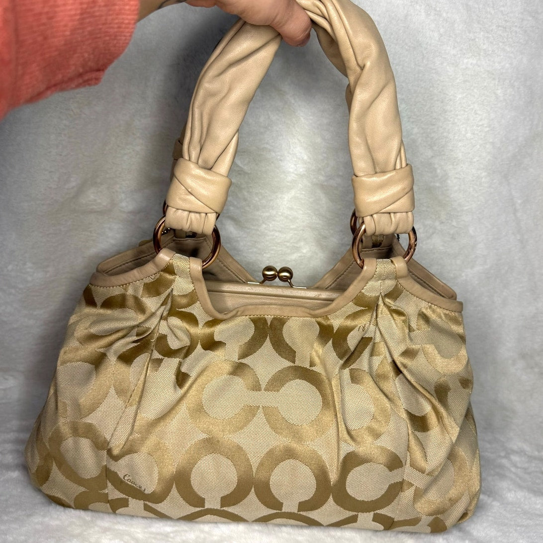 COACH Parker Hobo Handbag Kisslock Leather Canvas Bag Purse Shoulder Bag