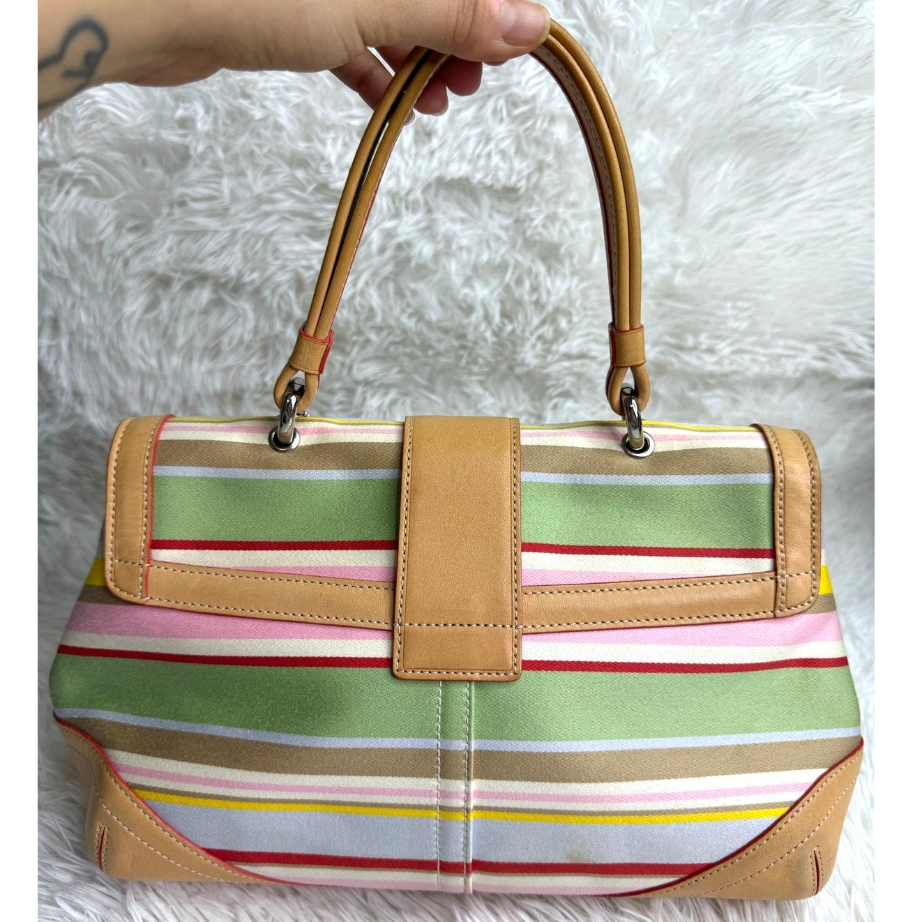 Vintage Coach y2k Hampton Stripes Vachetta Stripe Canvas Satchel Bag