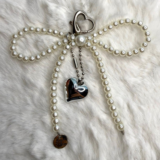 White Bowknot Heart Sweet Charm Pearl Bow Bag Charm Fashion Charm