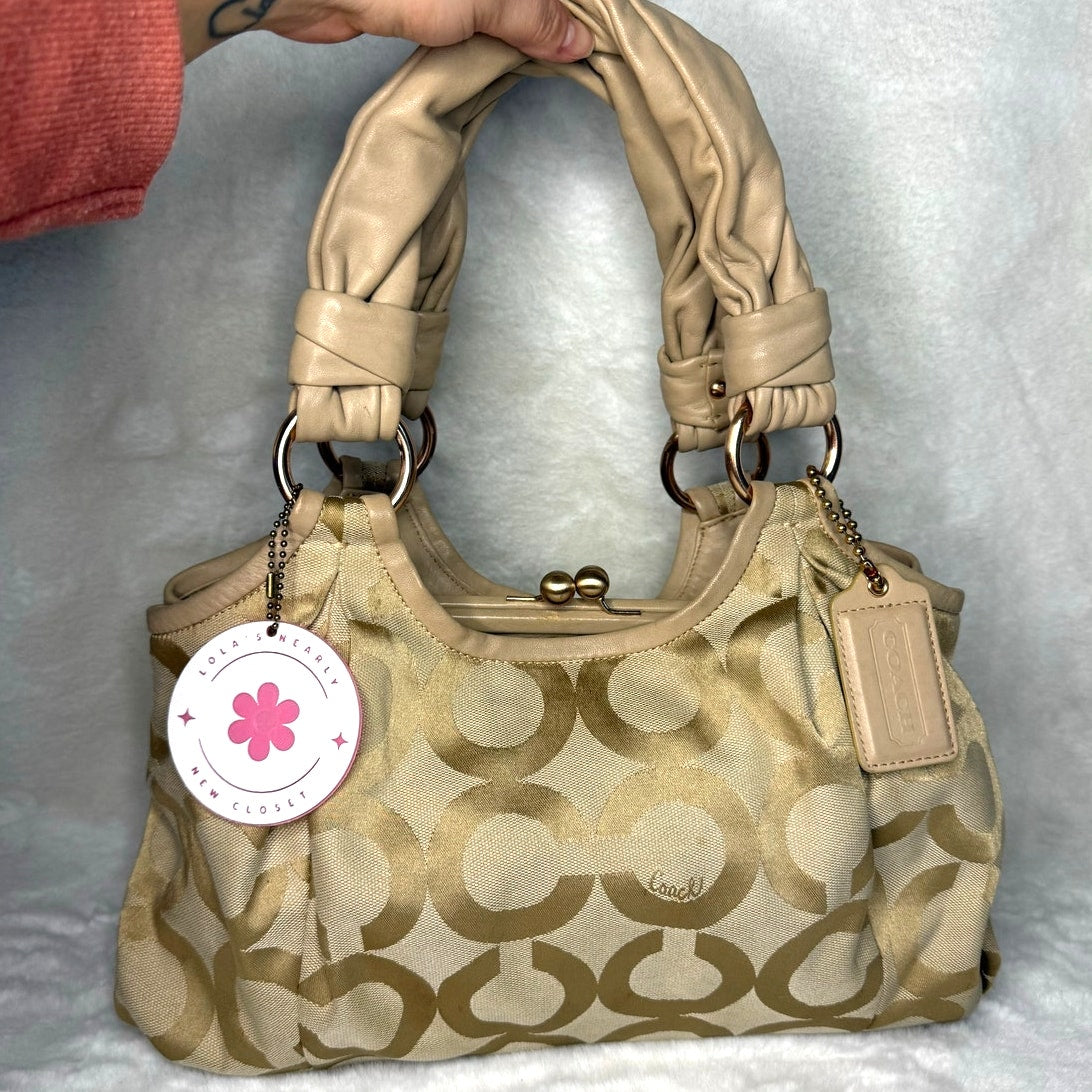 COACH Parker Hobo Handbag Kisslock Leather Canvas Bag Purse Shoulder Bag