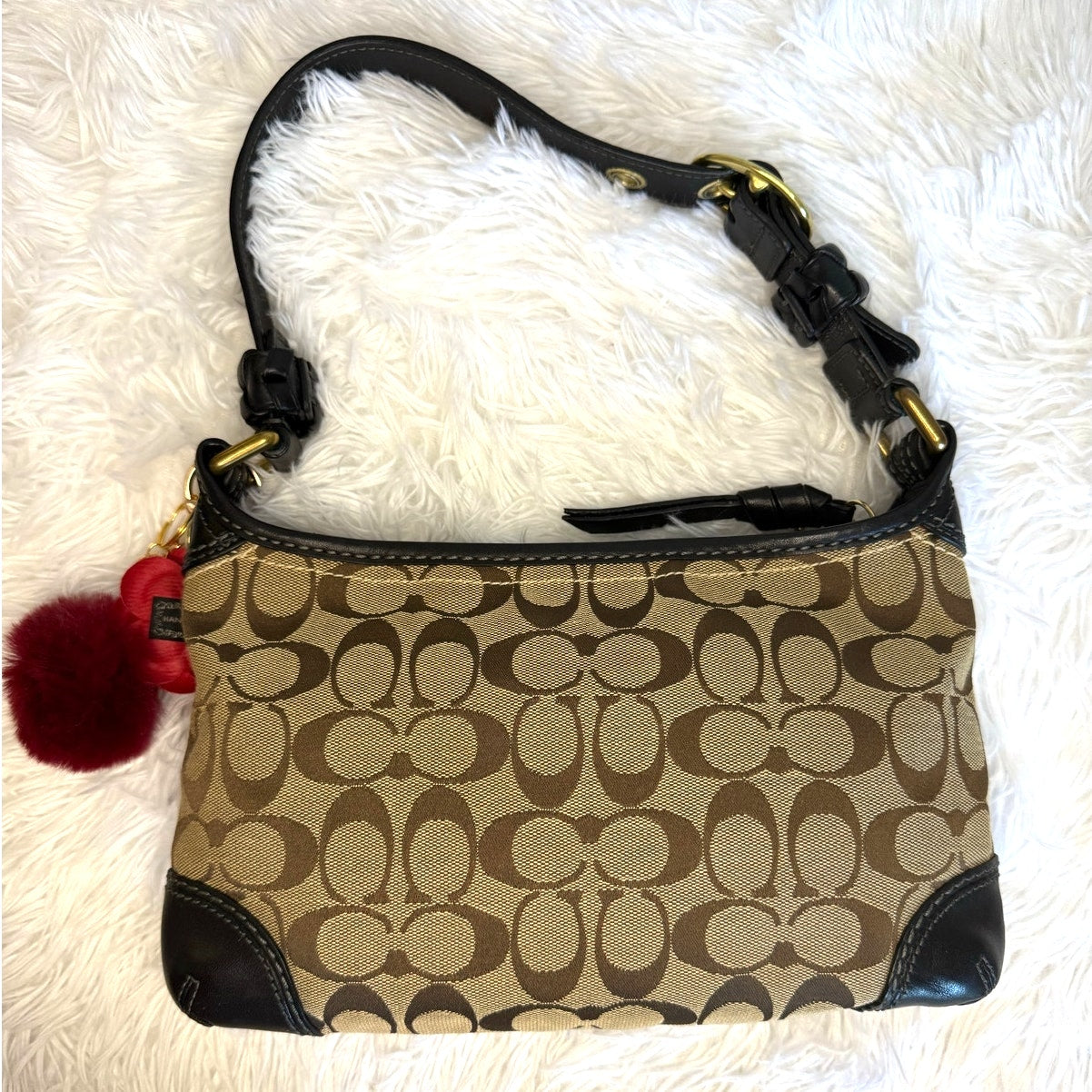 y2k COACH 2007 Black Brown Jacquard Hobo Signature Shoulder Bag
