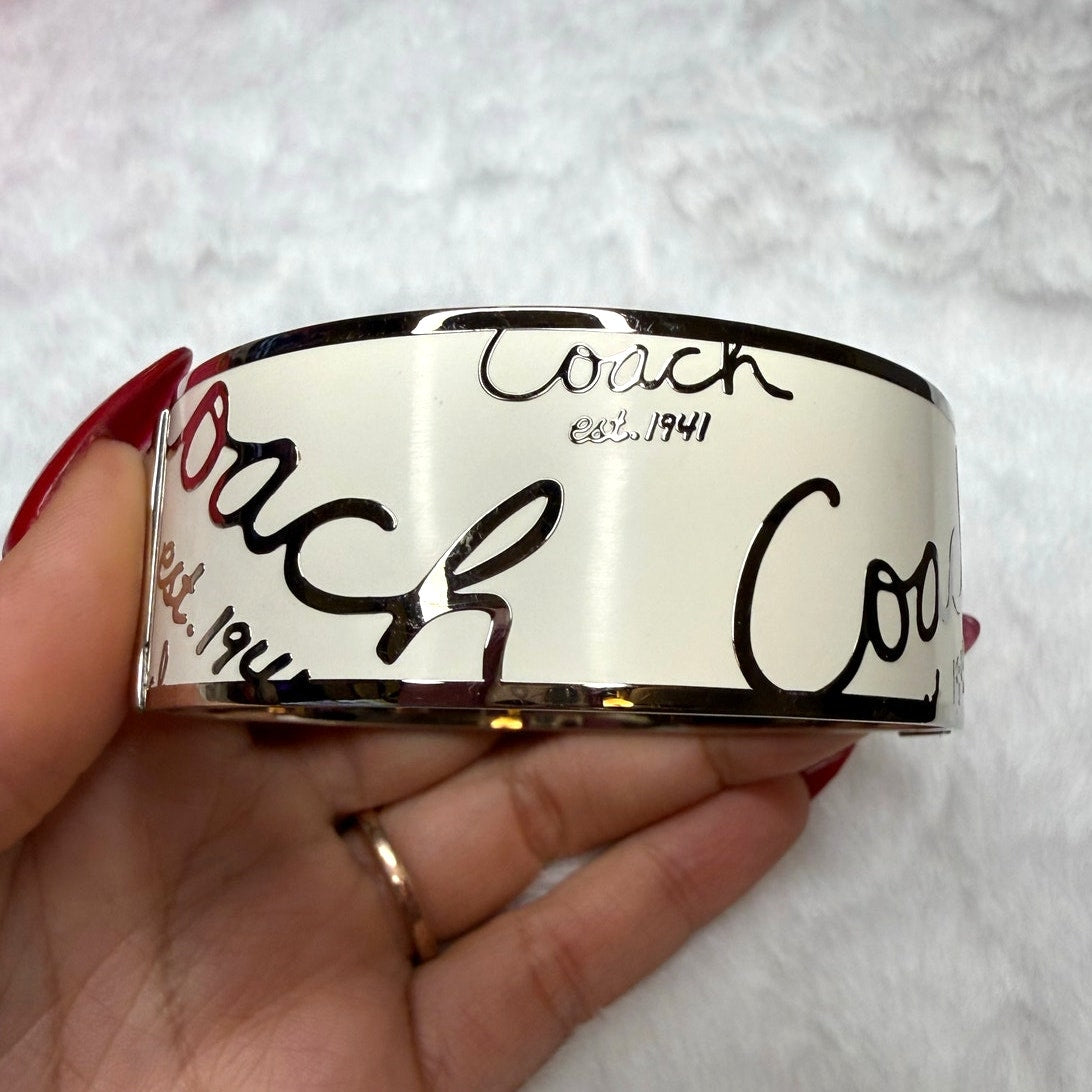 Coach Ivory Silver Cursive Logo Enamel Metal Studded Bangle Bracelet