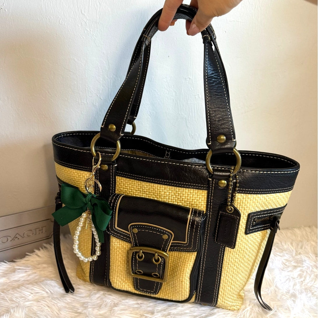 Vintage COACH y2k Black Natural Legacy Straw Tote Bag