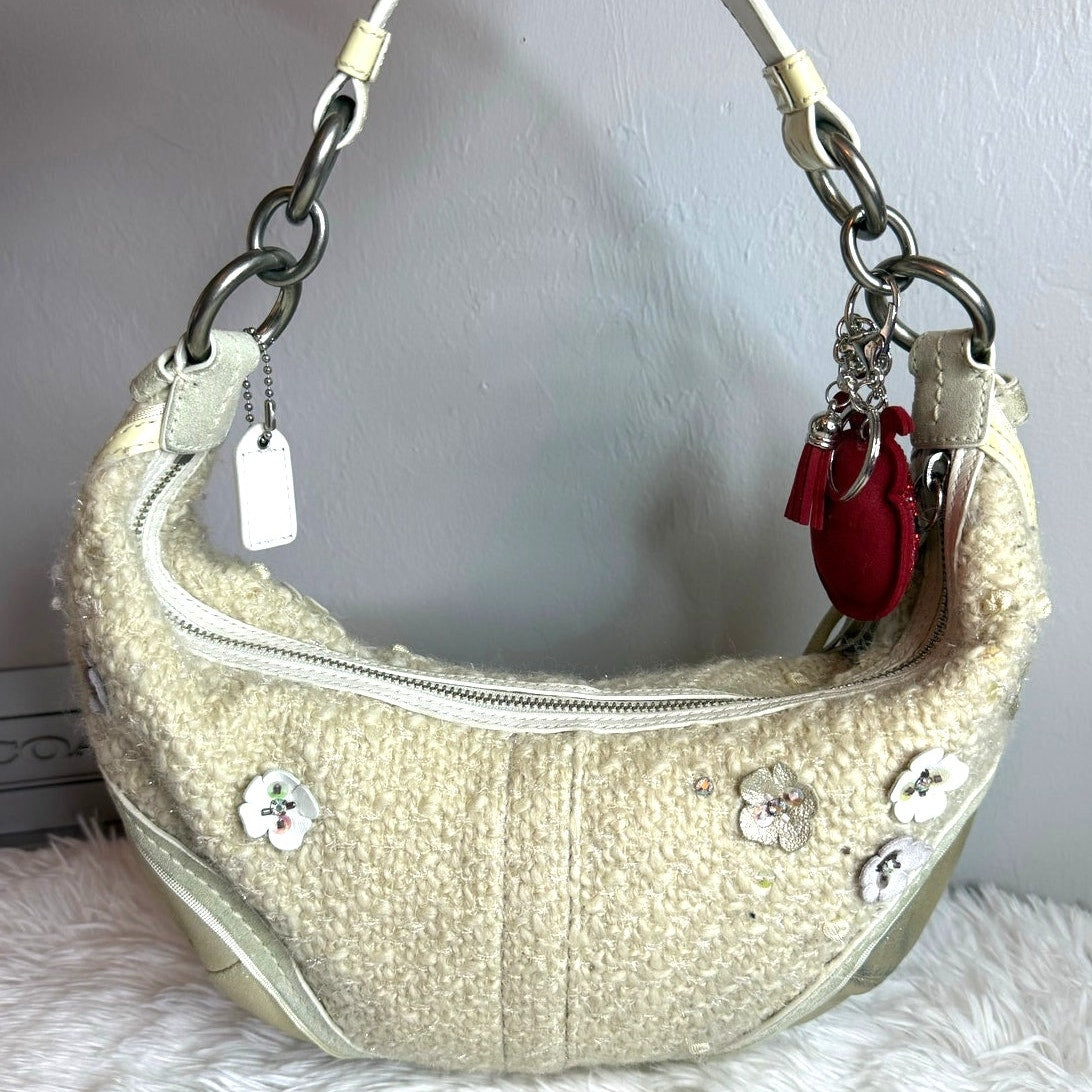 RARE! Coach Vintage Chelsea Tweed Hobo In Sequin Tea Rose Hobo Shoulder Bag