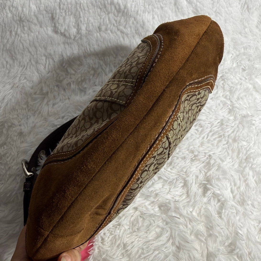 y2k COACH Brown Jacquard Canvas Suede Hobo Shoulder Bag