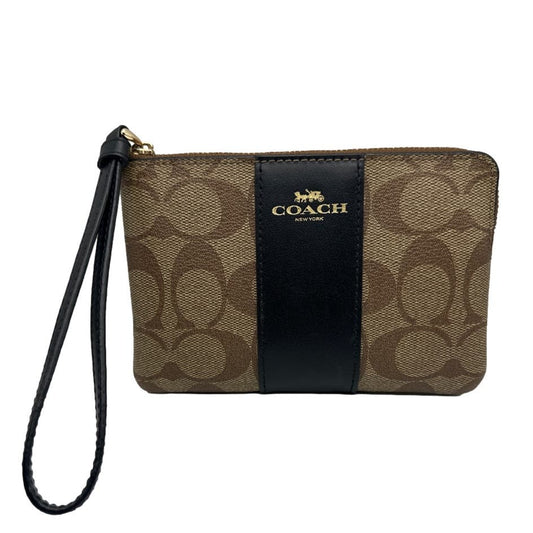 COACH Black and Brown Signature Coated Canvas Wristlet