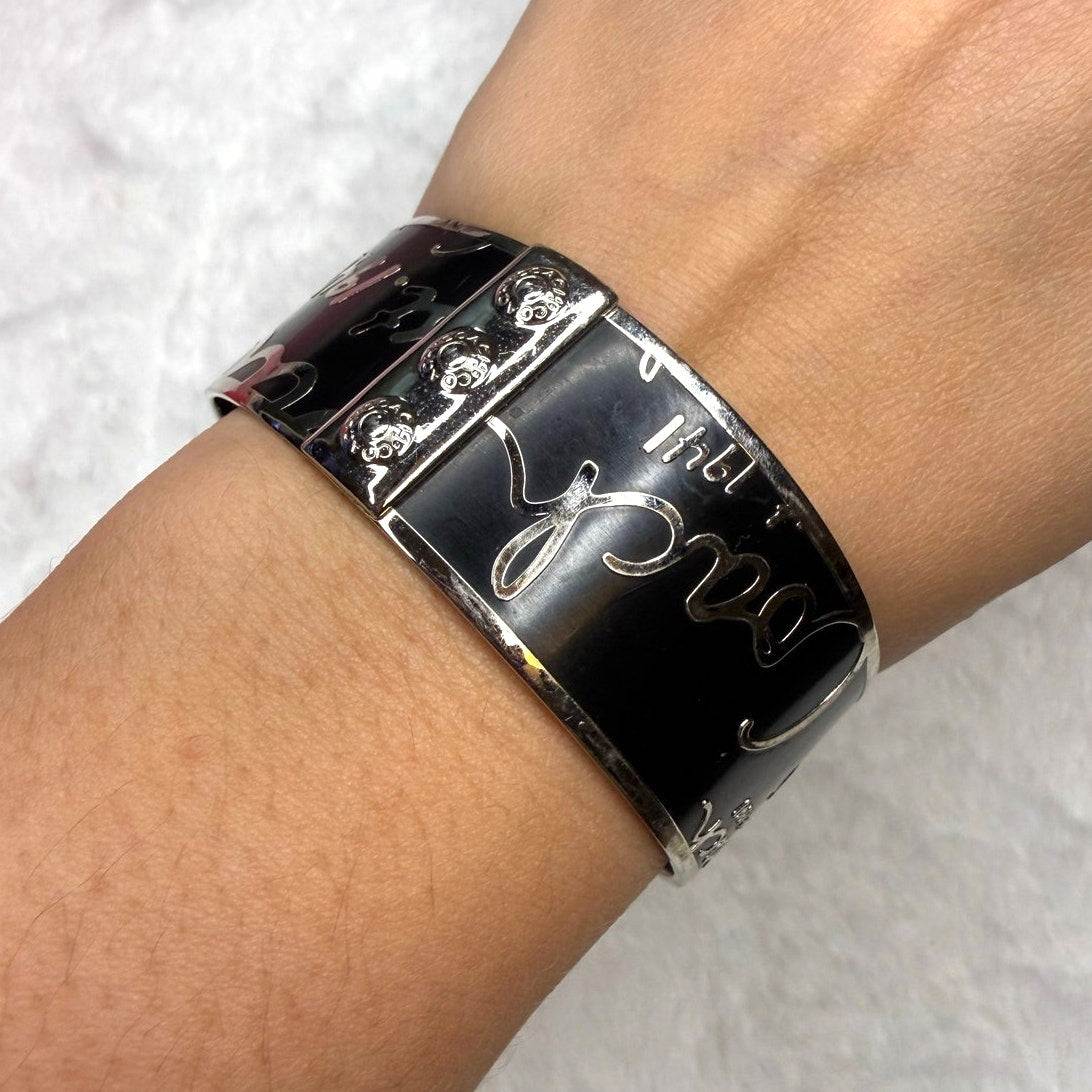 Coach Black Silver Cursive Logo Enamel Metal Studded Bangle Bracelet
