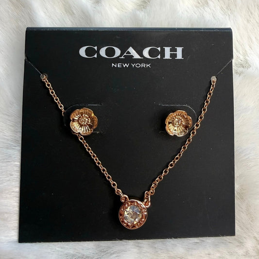 NWT COACH Signature Rose Gold Tone Floral Earrings Studs and Necklace Set