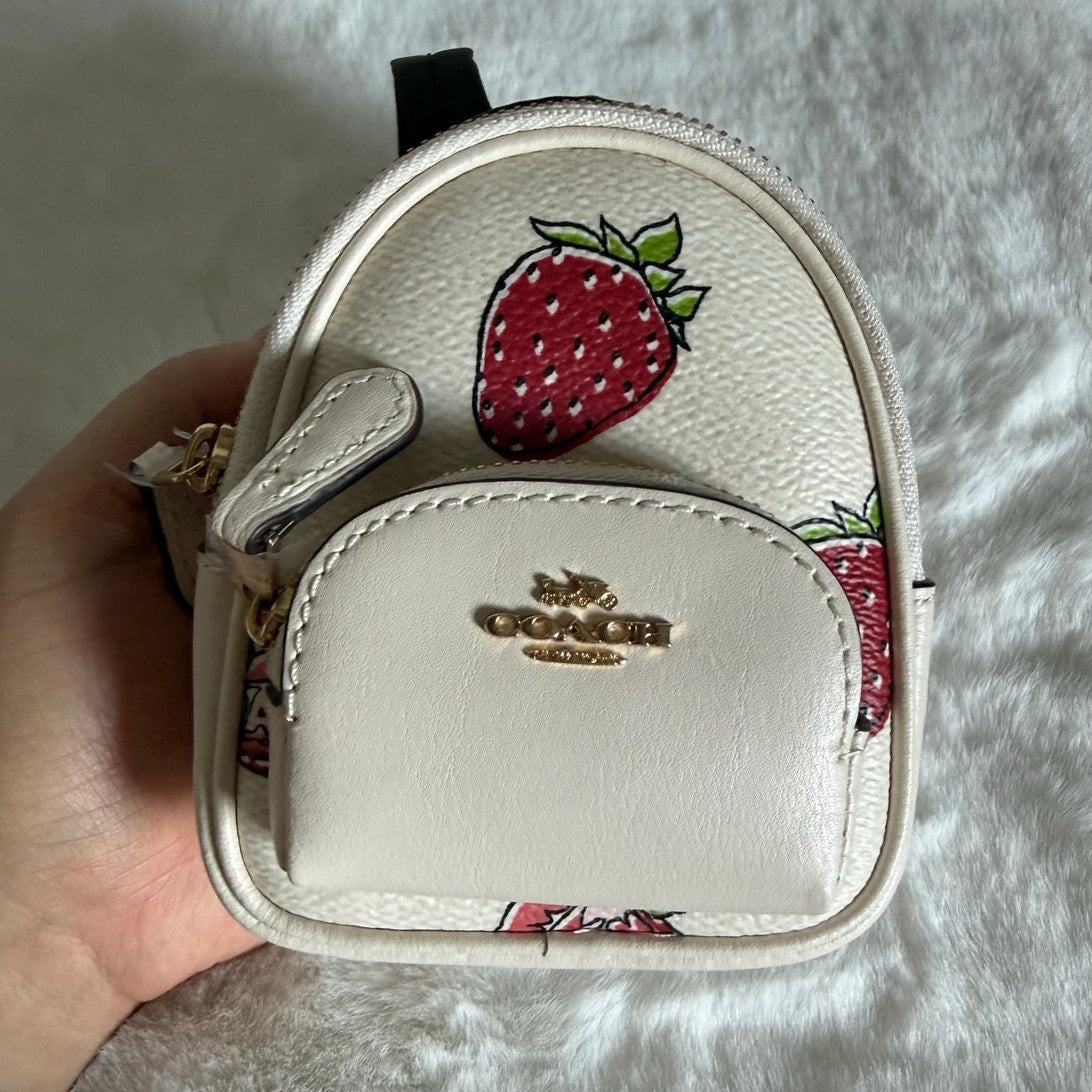 NWT COACH Mini Court Backpack Bag Charm With Strawberry Print