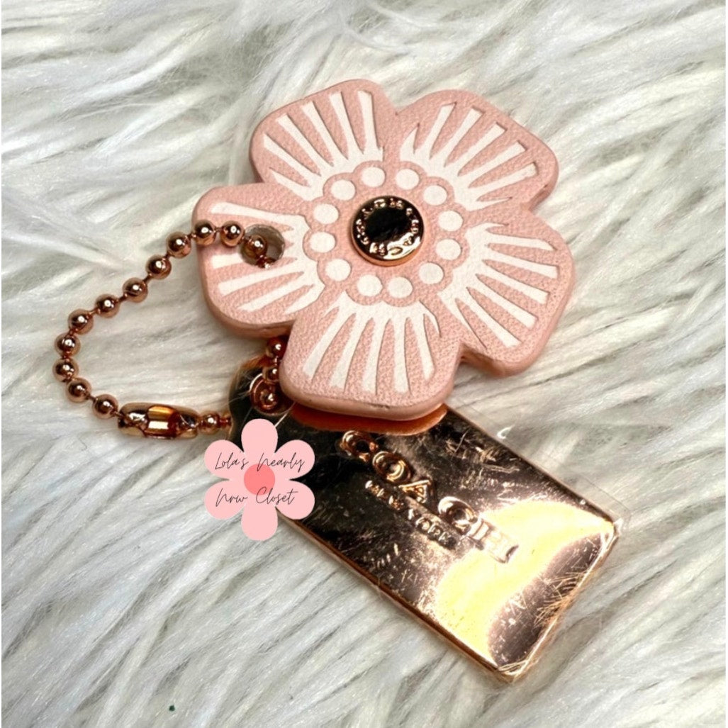 1" COACH Gold Tea Rose Pink Flower Floral Bag Charm Hang Tag Hangtag