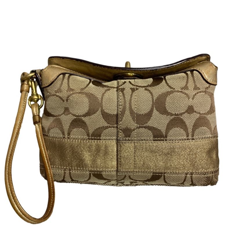 COACH Brown and Gold Signature Canvas Mini Purse / Wristlet