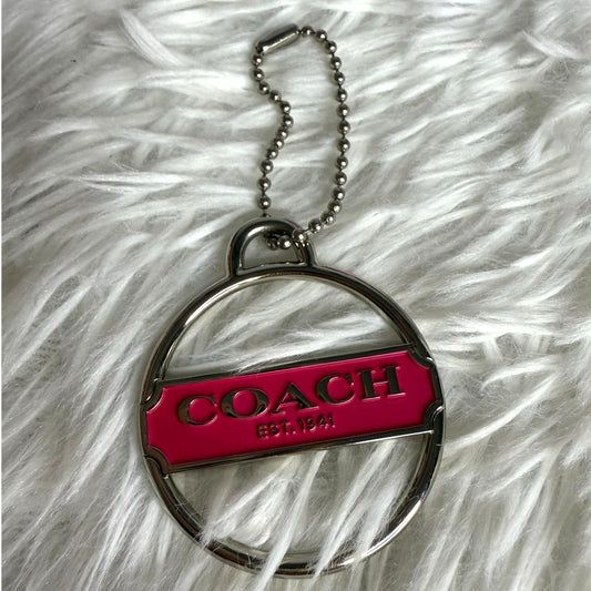 COACH Round Script Logo Silver Pink Nickel Metal Fob Bag Charm Hang tag Hangtag