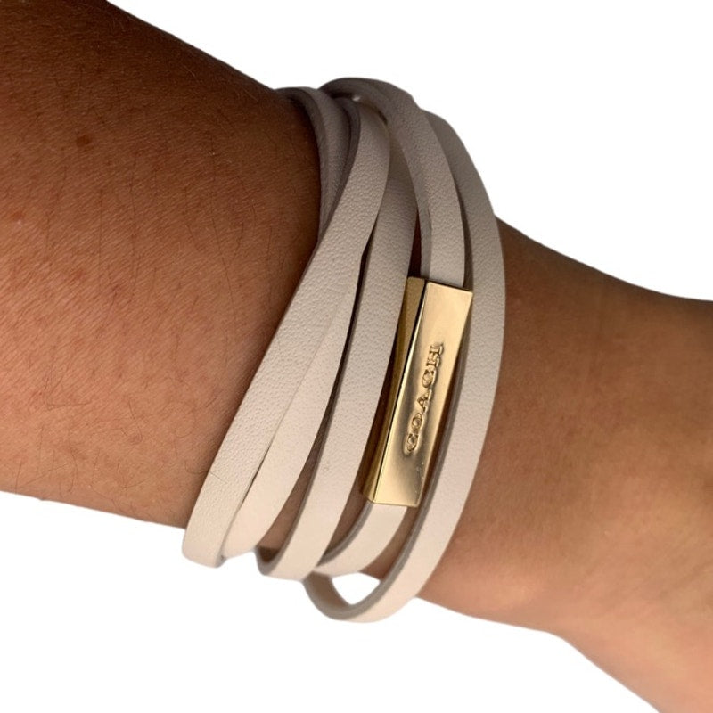 COACH Classic Leather Multi Strands Wrapped White Chalk Gold Tone Bracelet