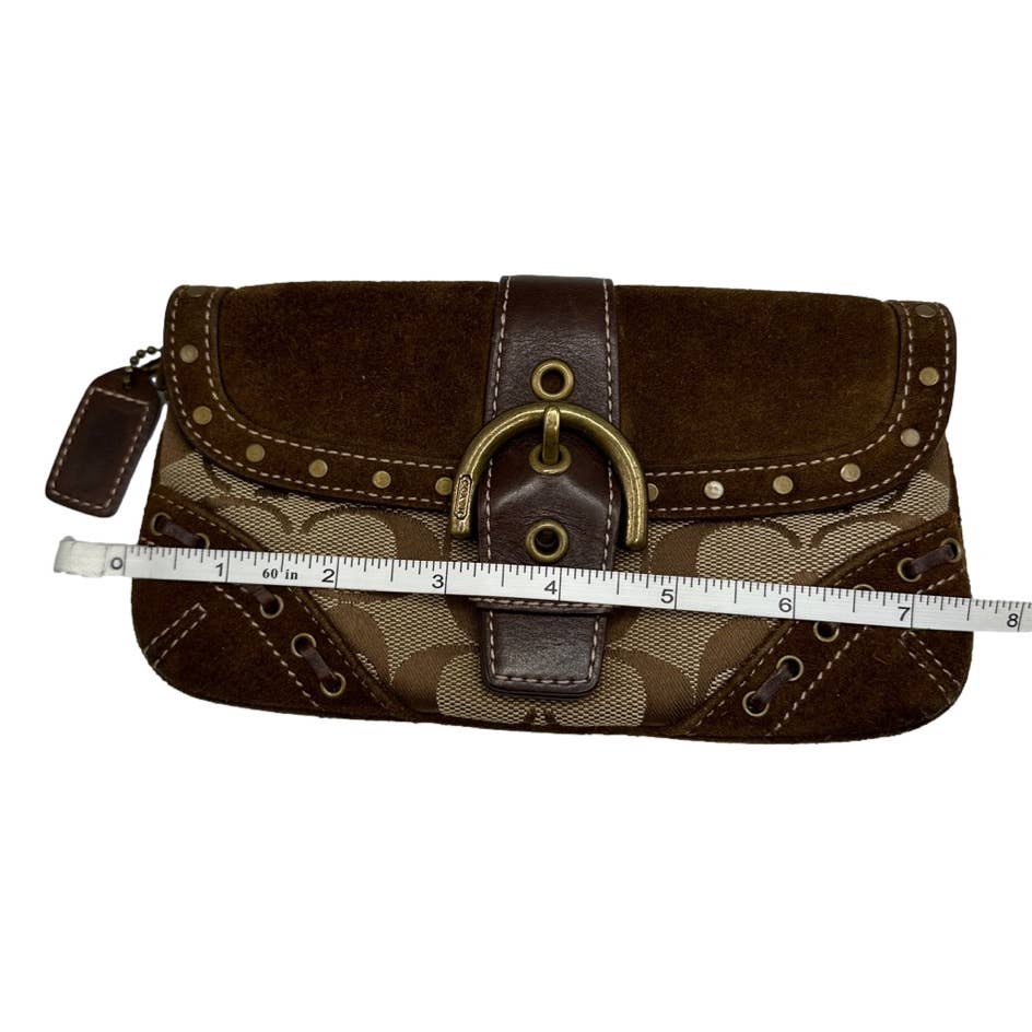 COACH Soho Suede Signature Canvas Buckle Studded Flap Pouch