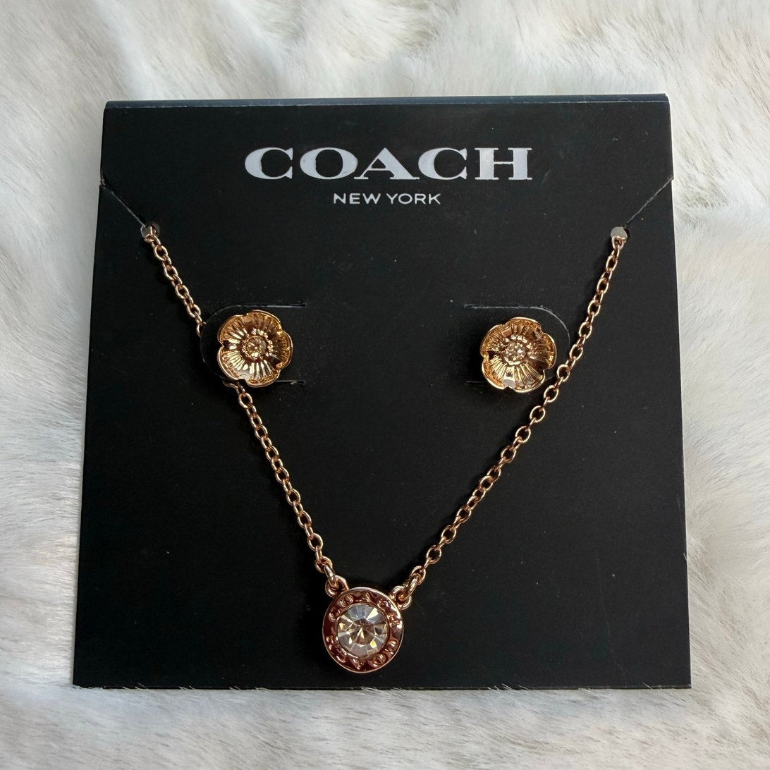 NWT COACH Signature Rose Gold Tone Floral Earrings Studs and Necklace Set